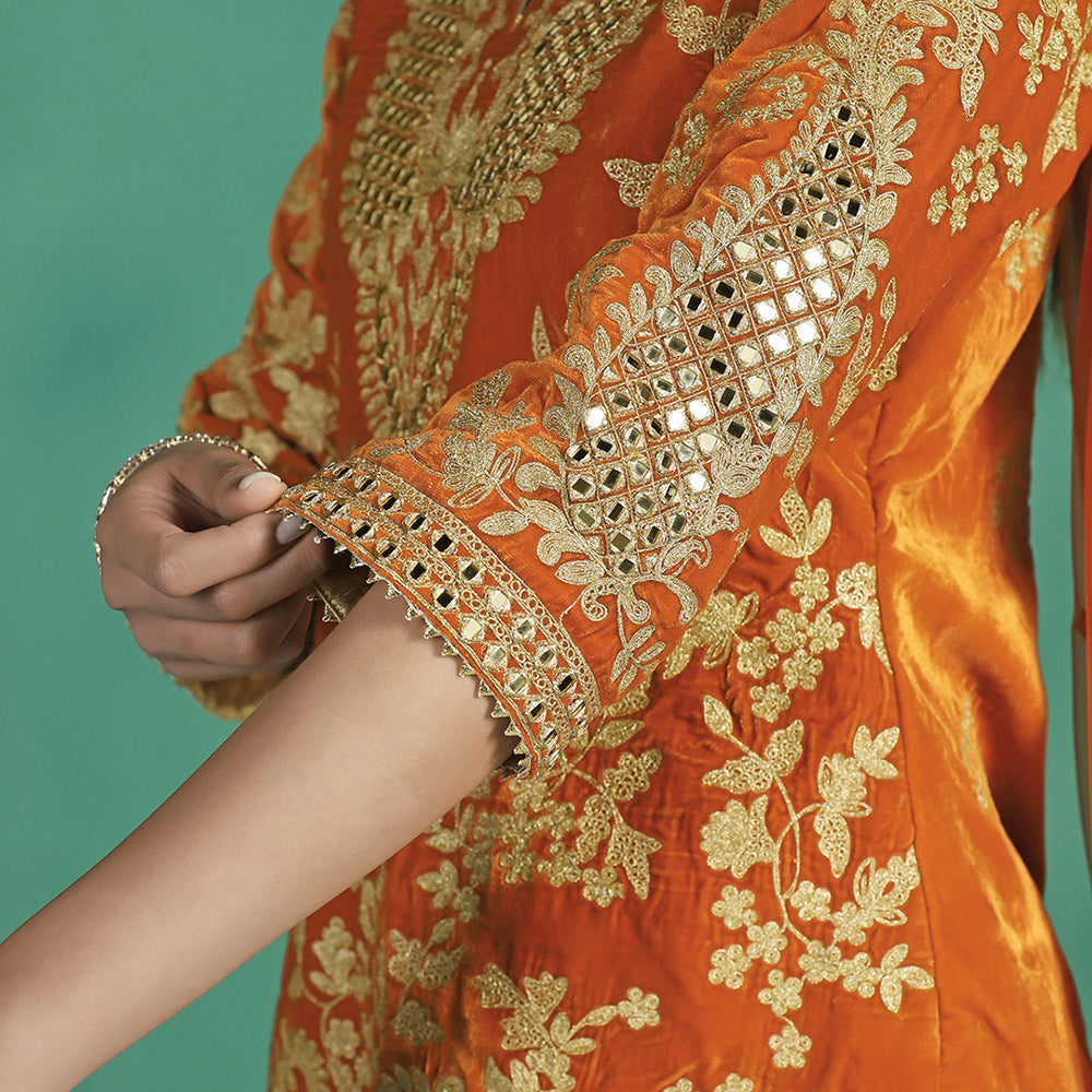 Velvet Orange Kurta Sharara Set