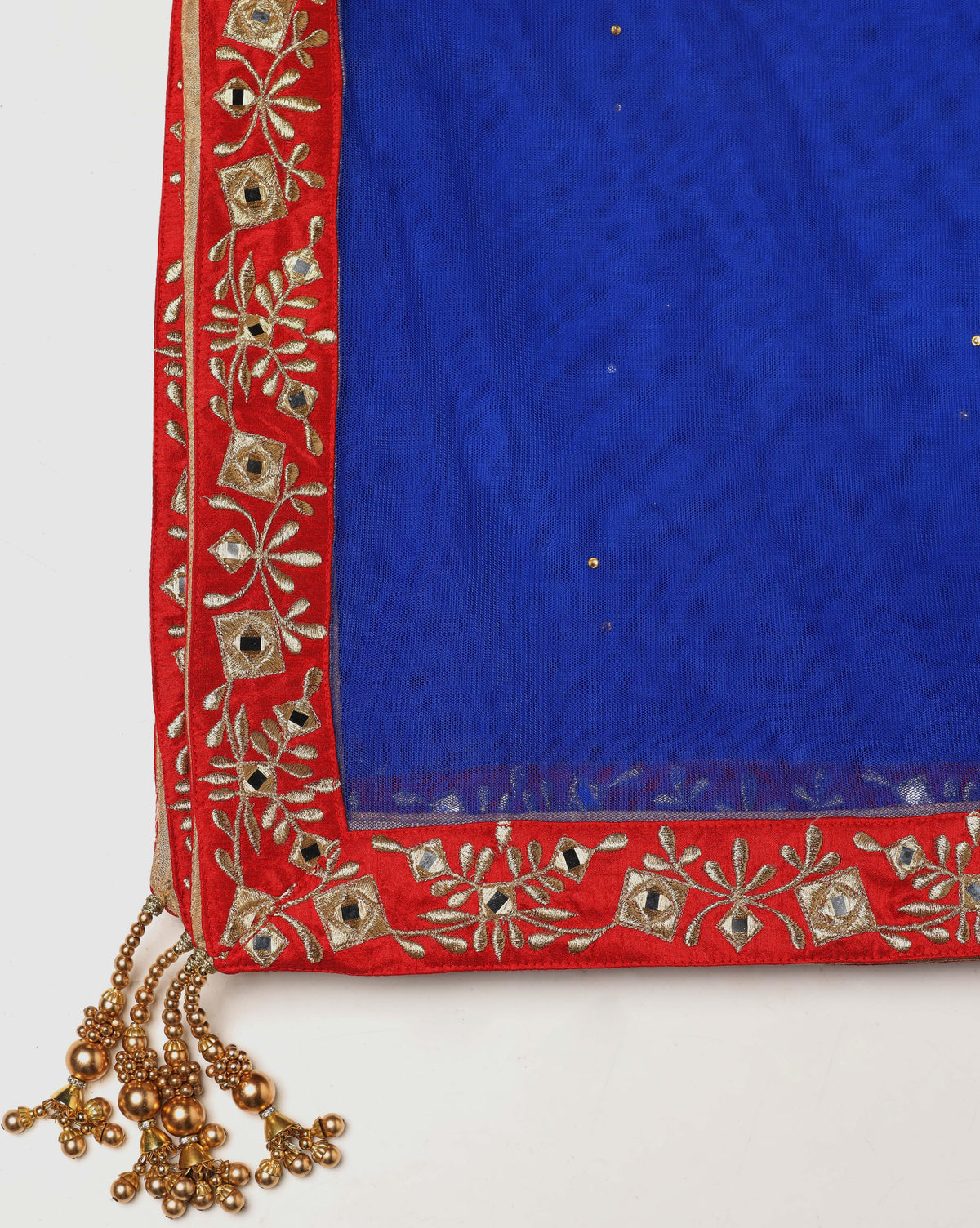 Red Dupion Silk Suit With Blue Dupatta Zari Thread & Mirror Work.