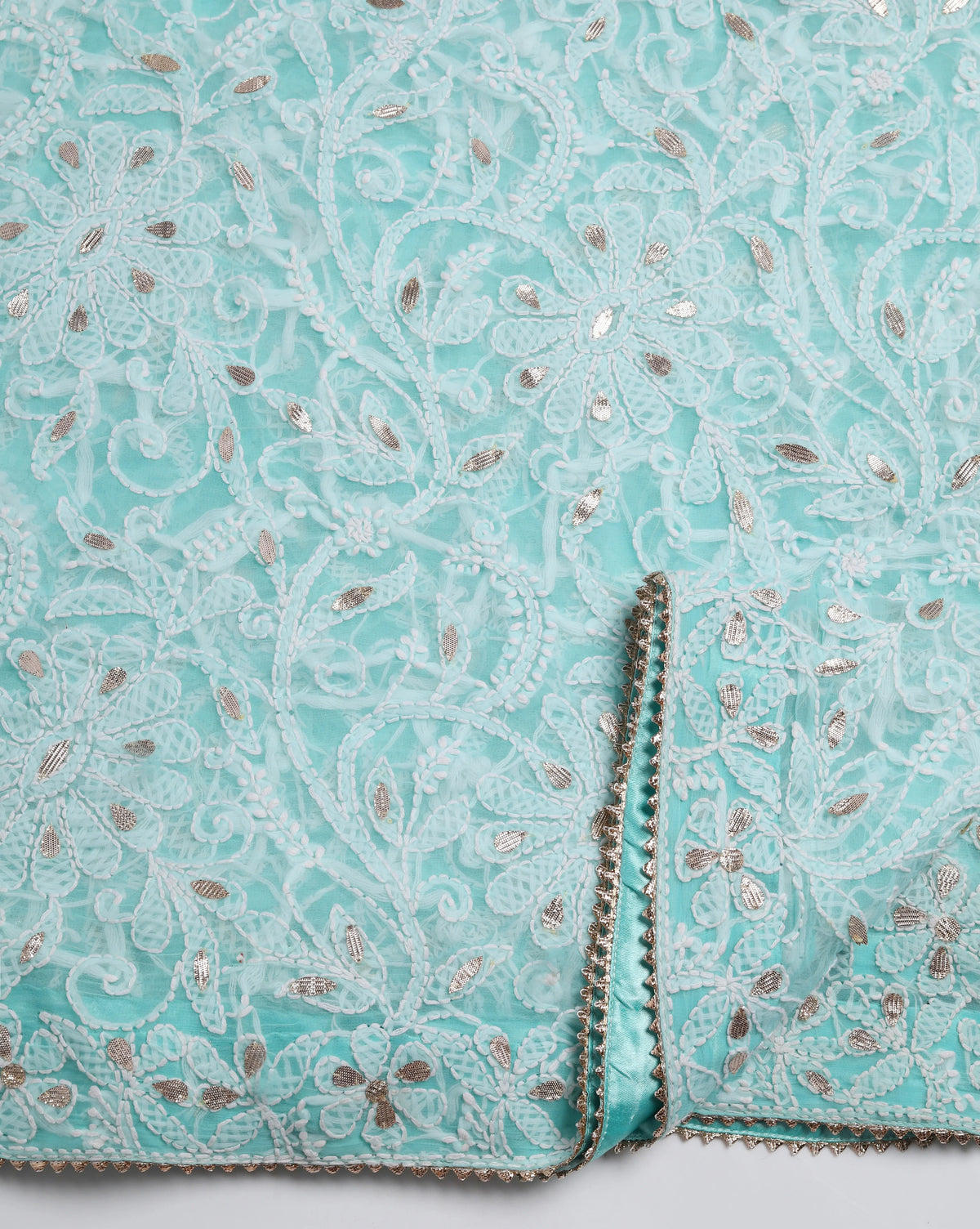 Sea Blue Chikankari Saree With Unstitched Blouse