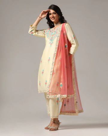 Kurti with Pants & Dupatta, Cream Color
