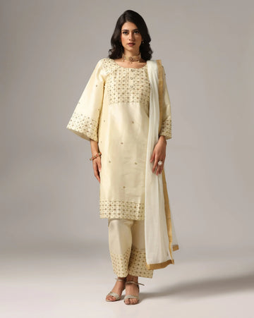 Cream Color Kurti with Palazzo Pants & Dupatta