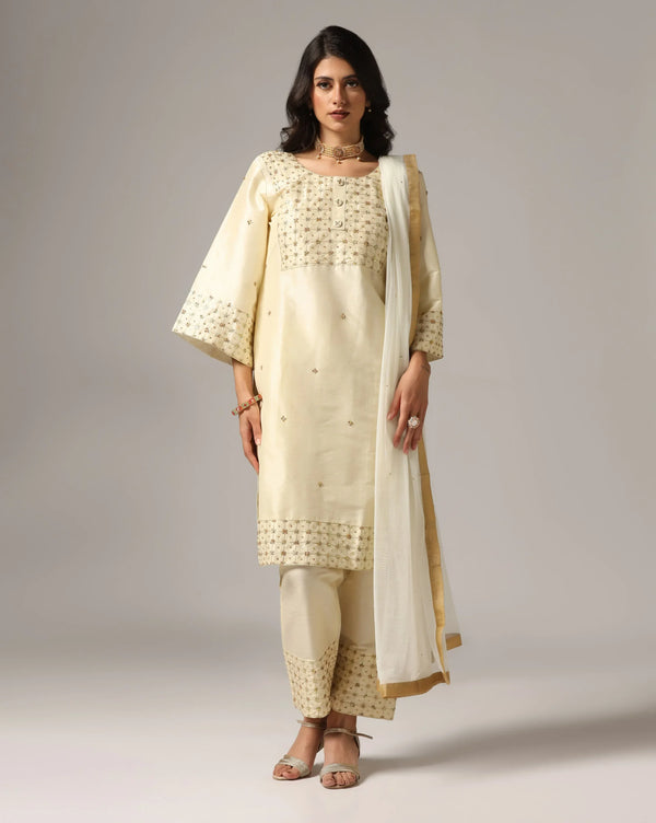Cream Color Kurti with Palazzo Pants & Dupatta