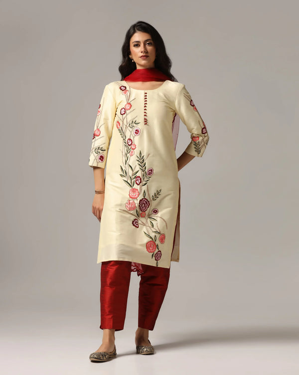 Cream and Meroon Kurti with Pants & Dupatta