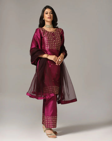 Purple Kurti with Palazzo Pants & Dupatta