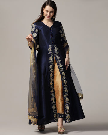Blue Embroidered Front Slit Jacket With Pants & Dupatta