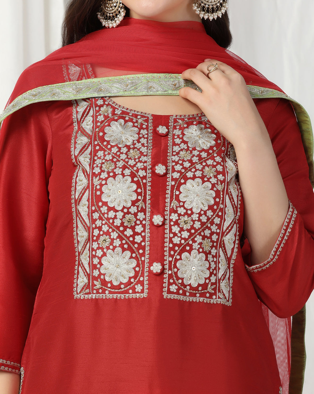 Aari Embroidered Red Kurta Set With Dupatta