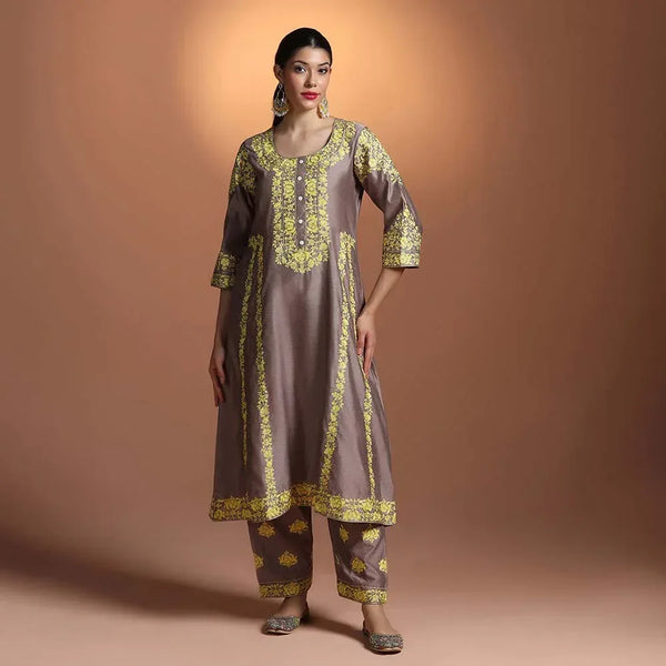 Chanderi Taupe Embroidered Kurti