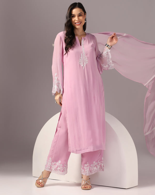 Blush Pink Embroidered Kurta Set with Palazzo Pants & Dupatta