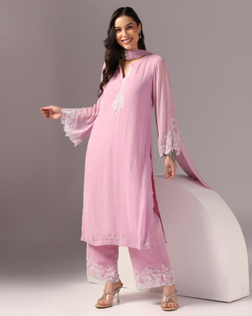 Blush Pink Embroidered Kurta Set with Palazzo Pants & Dupatta