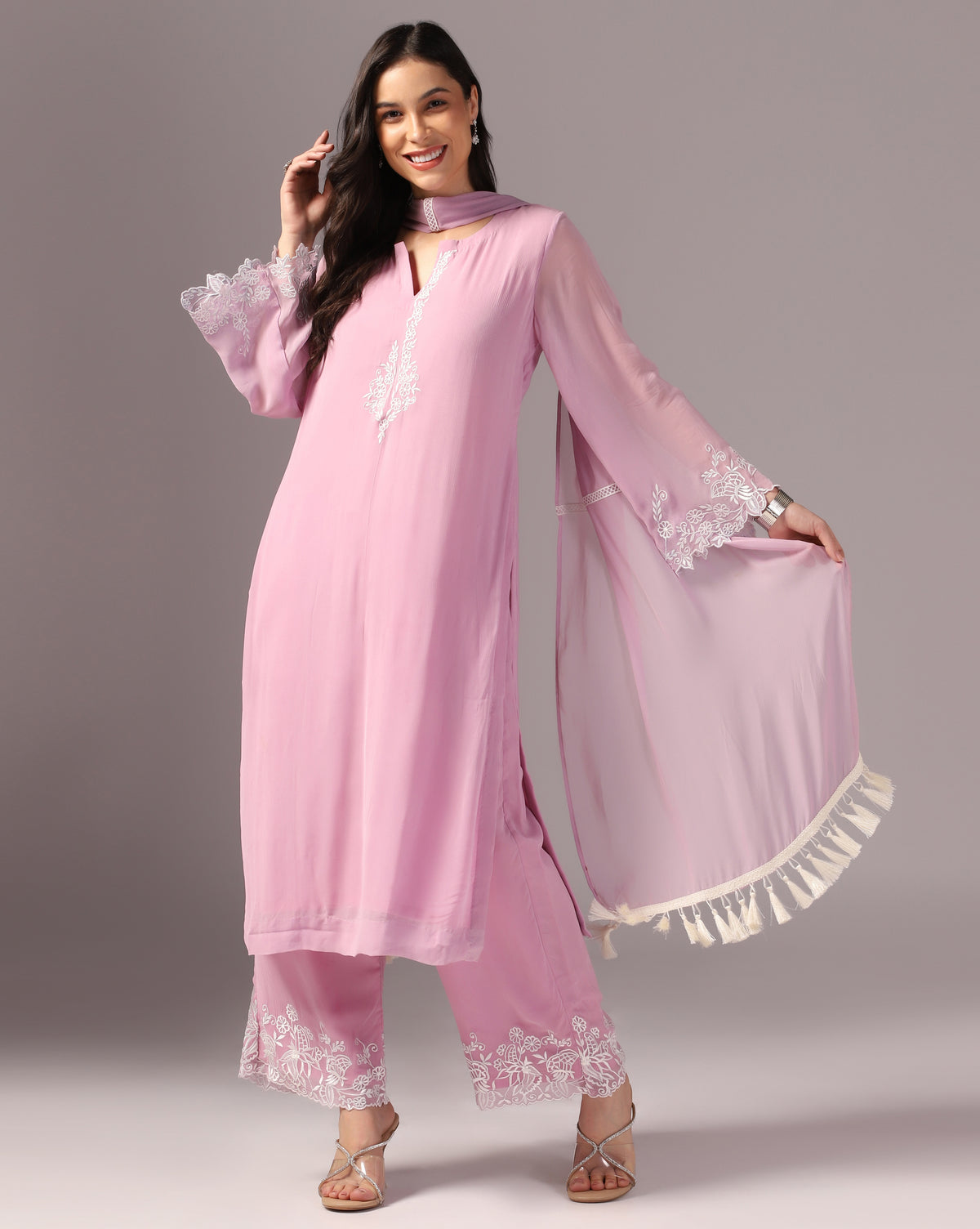 Blush Pink Embroidered Kurta Set with Palazzo Pants & Dupatta