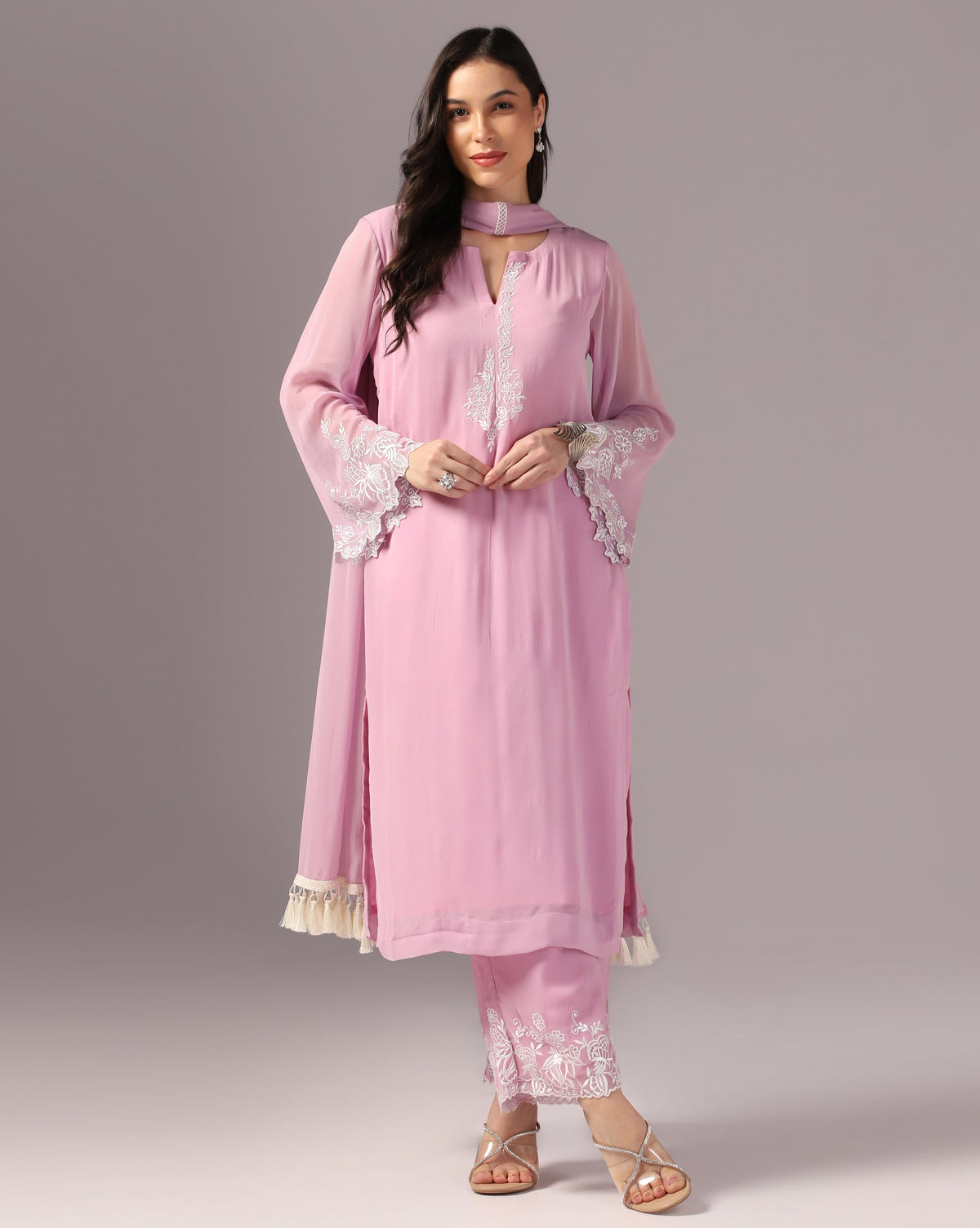 Blush Pink Embroidered Kurta Set with Palazzo Pants & Dupatta