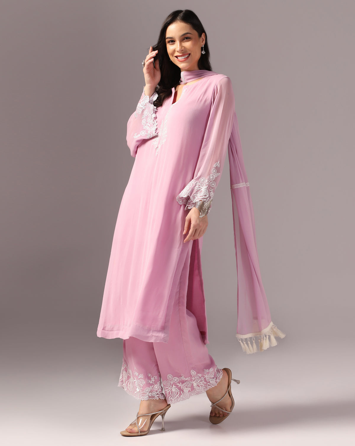 Blush Pink Embroidered Kurta Set with Palazzo Pants & Dupatta