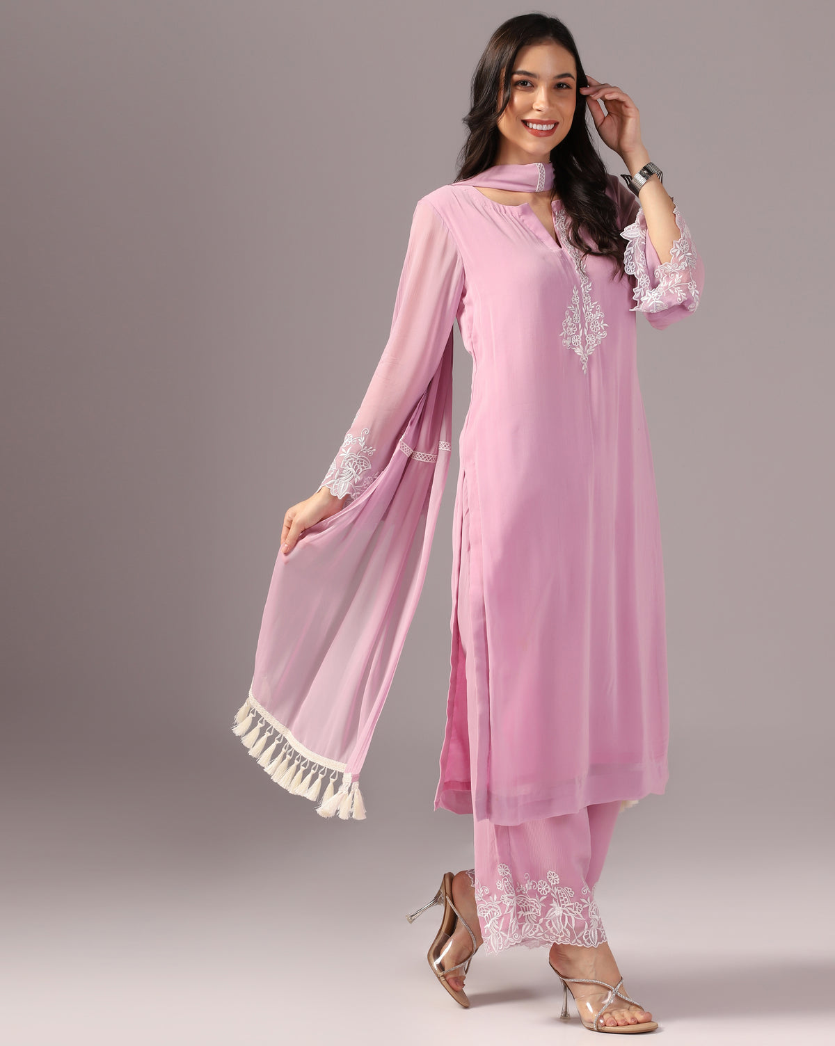 Blush Pink Embroidered Kurta Set with Palazzo Pants & Dupatta