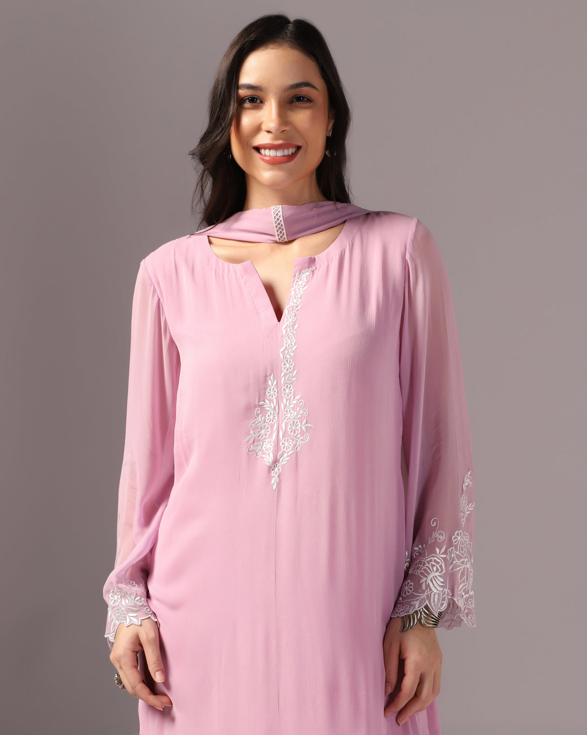 Blush Pink Embroidered Kurta Set with Palazzo Pants & Dupatta