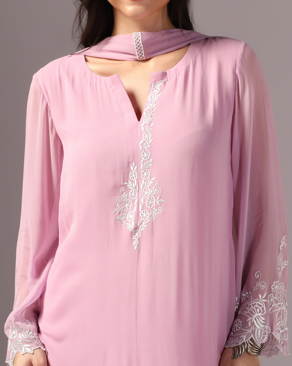 Blush Pink Embroidered Kurta Set with Palazzo Pants & Dupatta