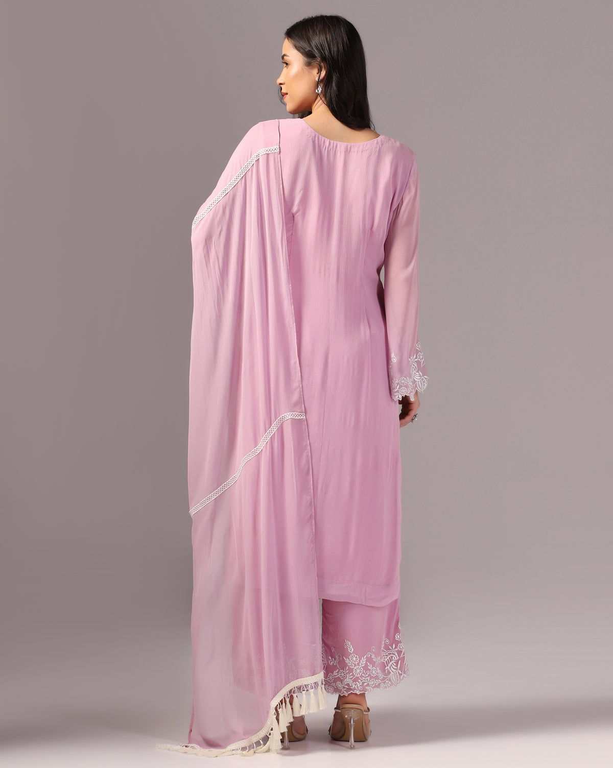 Blush Pink Embroidered Kurta Set with Palazzo Pants & Dupatta