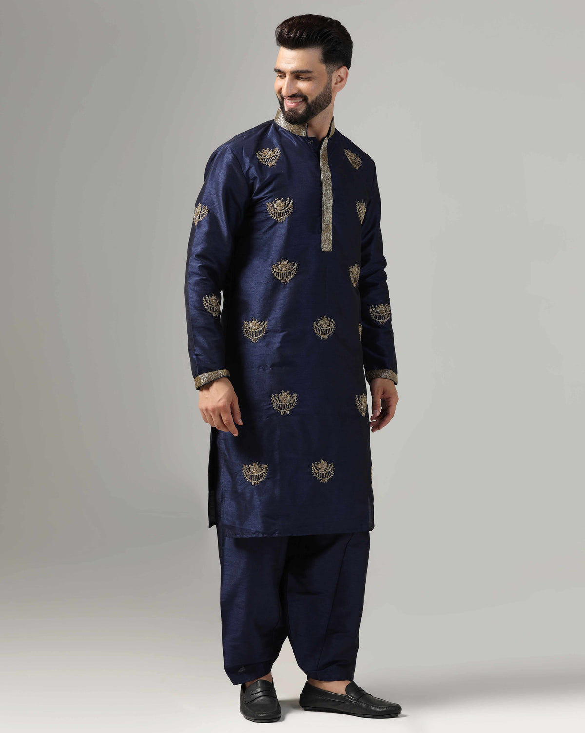 Men's Blue Kurta Set With Intricate Gold Hand Embroidery