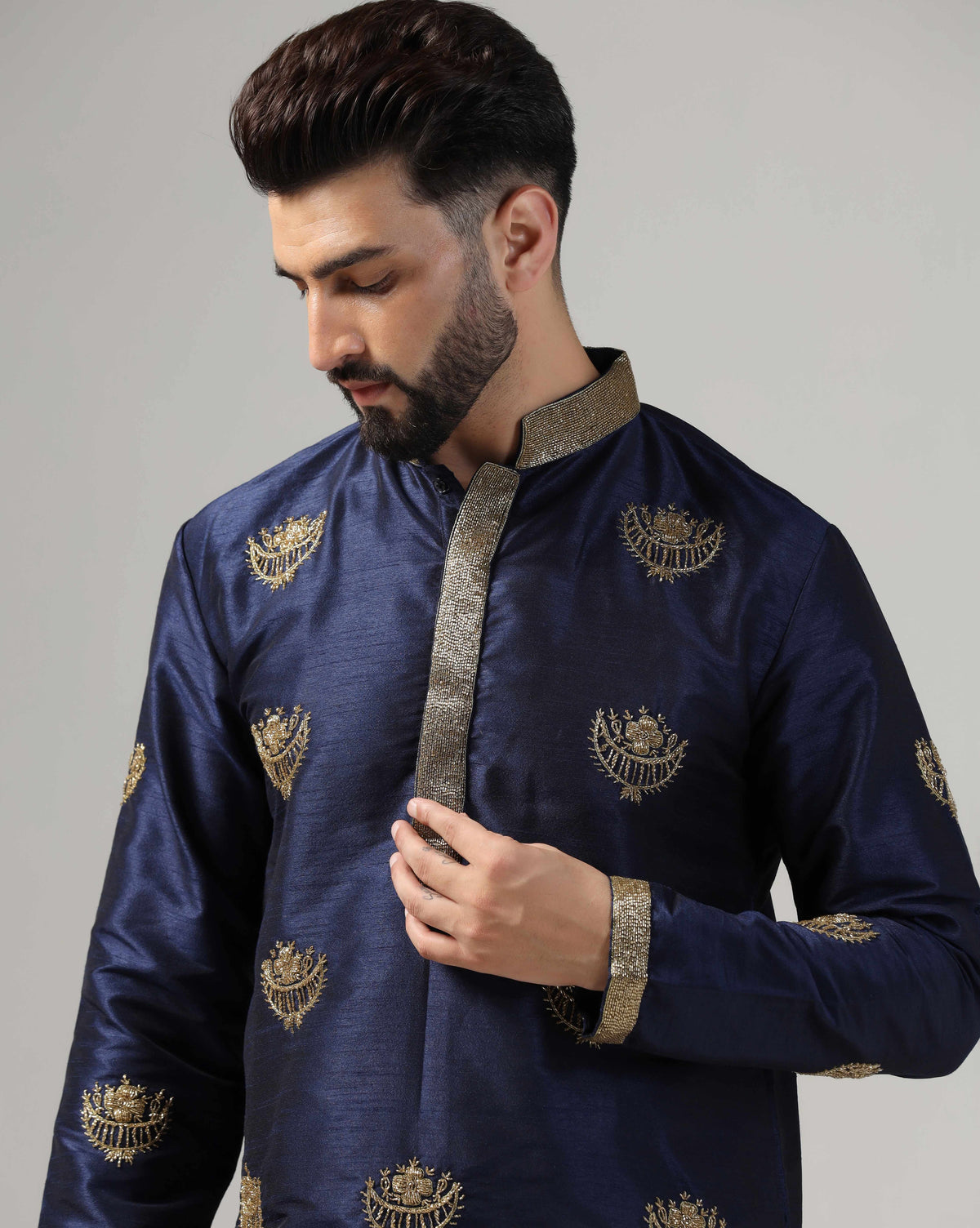 Men's Blue Kurta Set With Intricate Gold Hand Embroidery