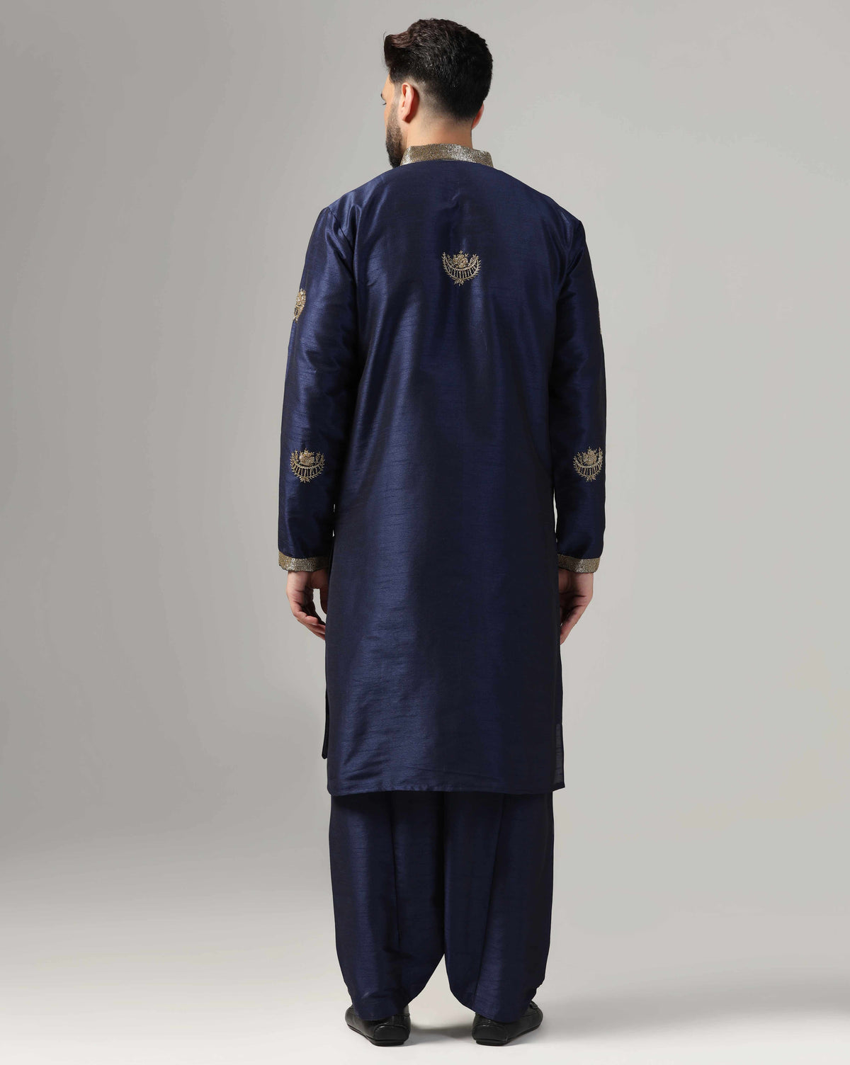 Men's Blue Kurta Set With Intricate Gold Hand Embroidery