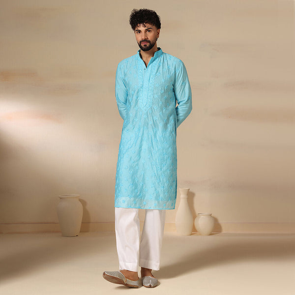 Classic Blue Mens Chikankari Kurta