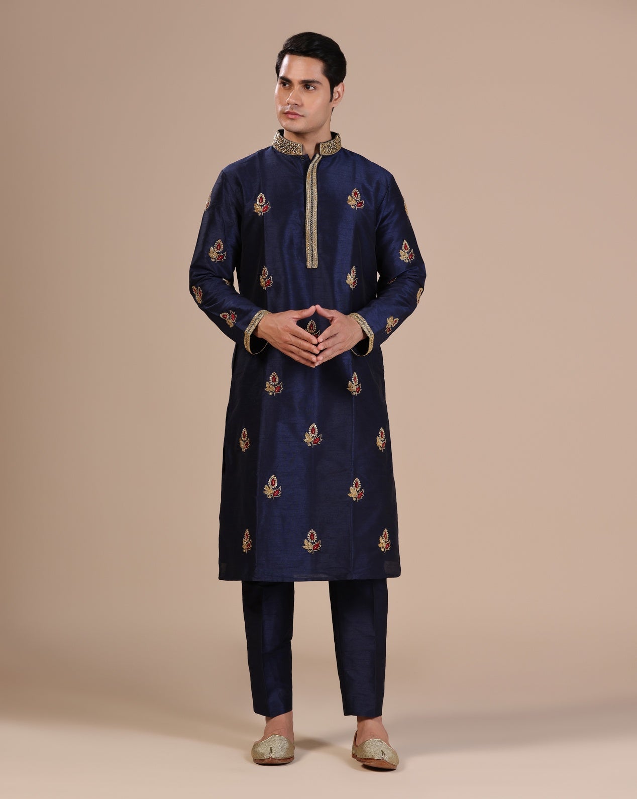 Men Blue kurta set with intricate gold hand embroidery