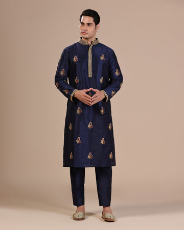 Men Blue kurta set with intricate gold hand embroidery