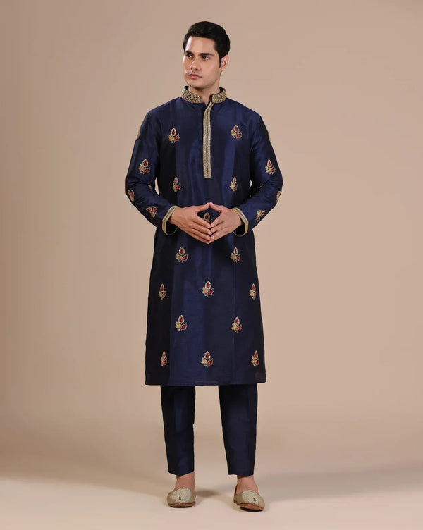 Men's Blue Kurta Set With Intricate Gold Hand Embroidery