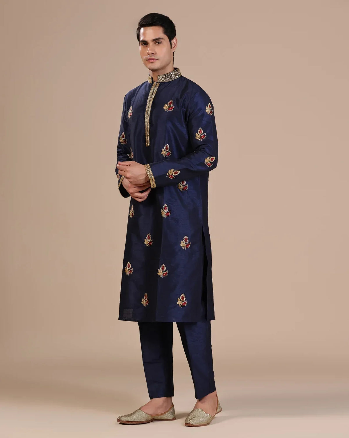 Men's Blue Kurta Set With Intricate Gold Hand Embroidery