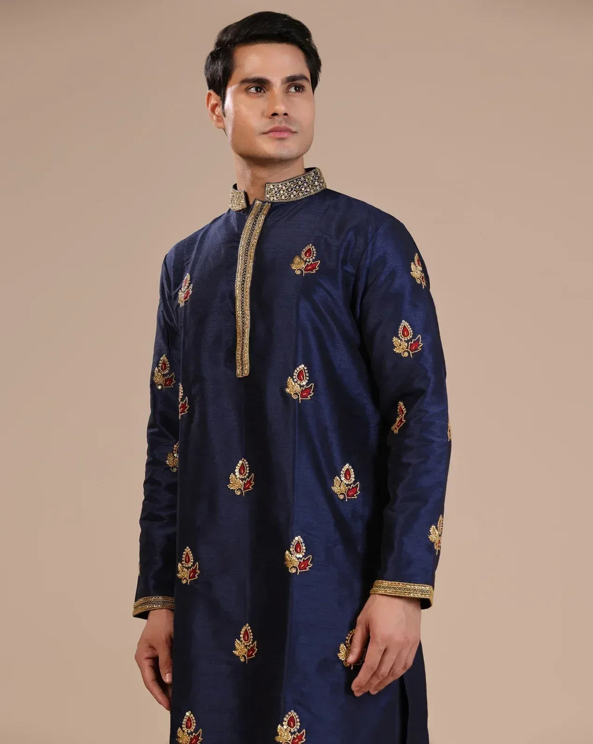 Men's Blue Kurta Set With Intricate Gold Hand Embroidery
