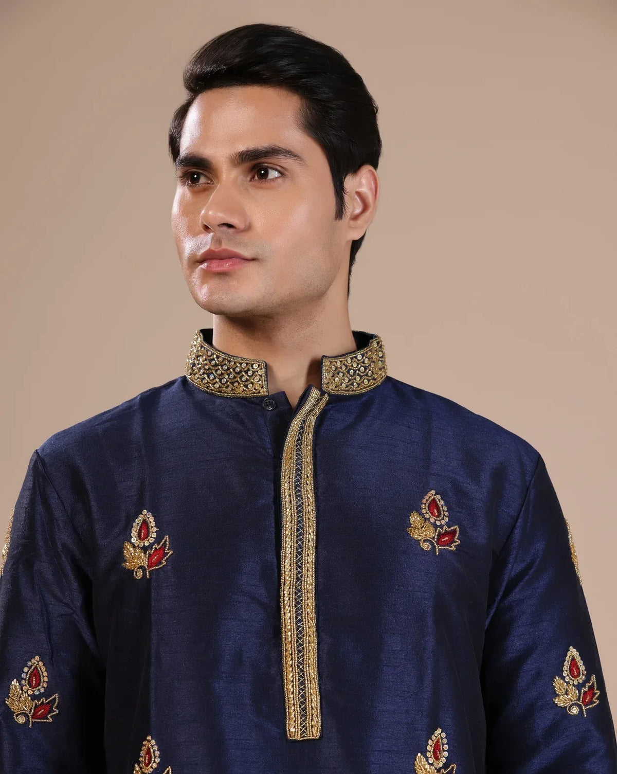 Men's Blue Kurta Set With Intricate Gold Hand Embroidery