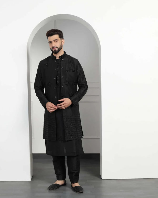 Black monotone kurta set with long jacket
