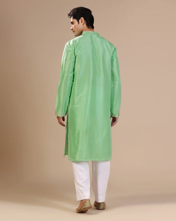 Men Elegant green silk kurta set with aari zari embroidery