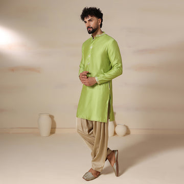 Mens green chanderi kurta salwar set