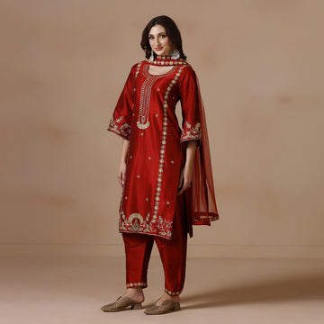 Maroon Dori Embroidered Kurta Set With Dupatta
