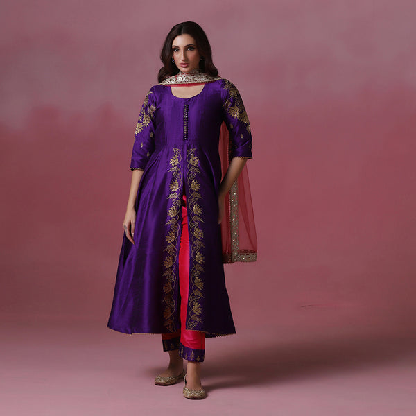 Purple Embroidered Front Slit Jacket With Pants & Dupatta
