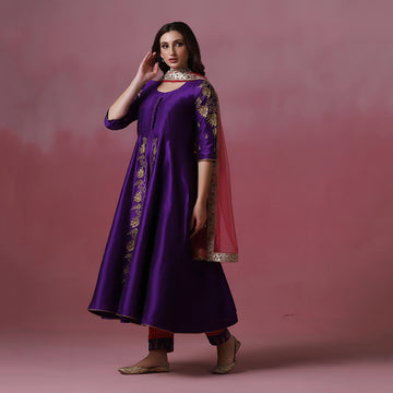 Purple Embroidered Front Slit Jacket With Pants & Dupatta