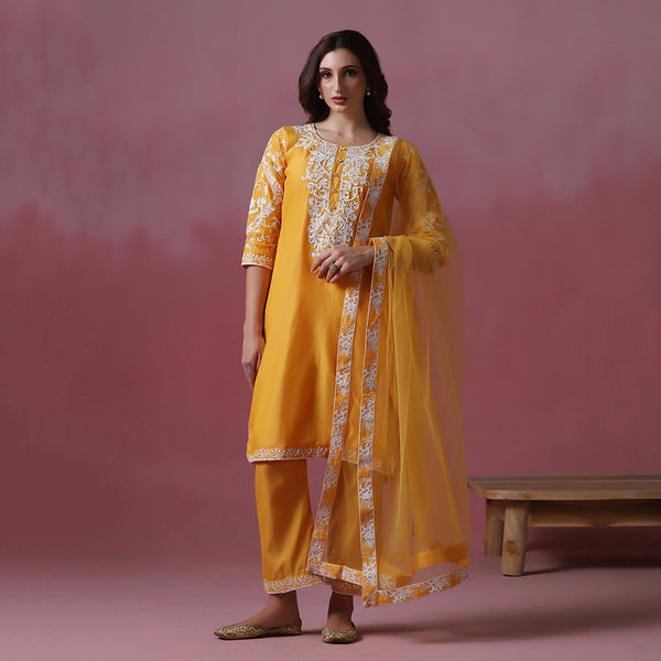 Bright Orange Thread Embroidered Kurta Set