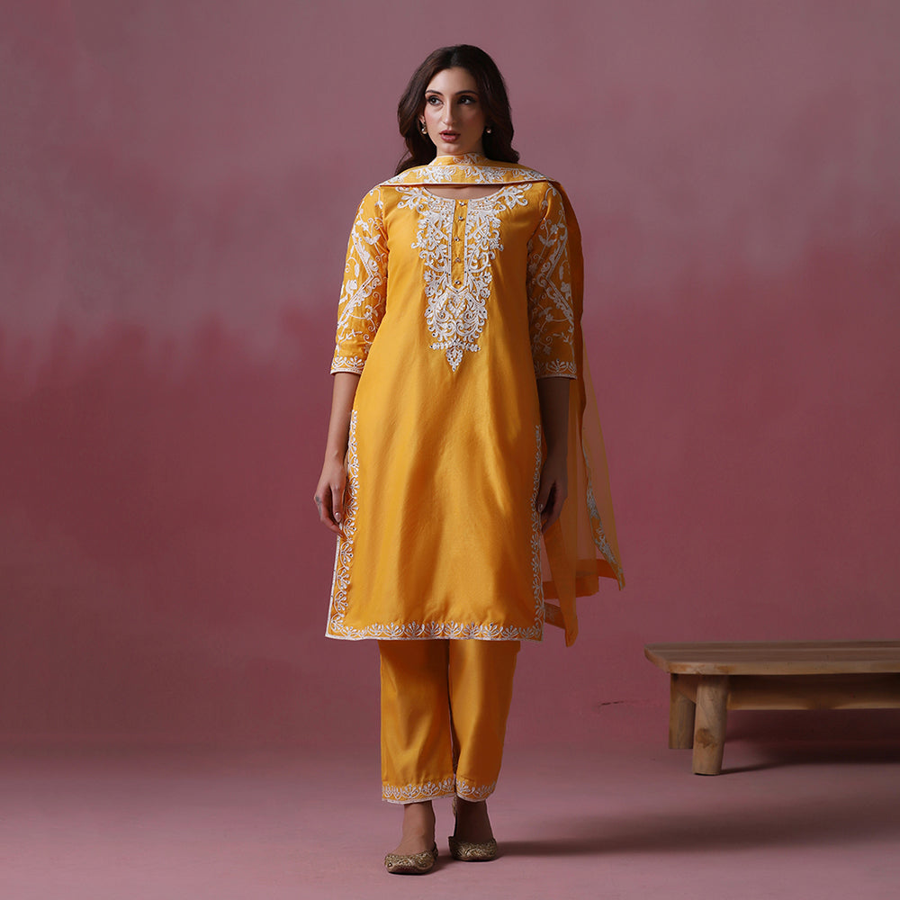 Bright Orange Thread Embroidered Kurta Set