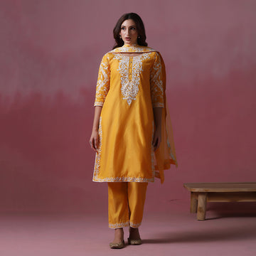 Bright Orange Thread Embroidered Kurta Set