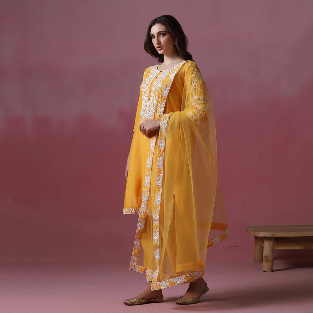 Bright Orange Thread Embroidered Kurta Set