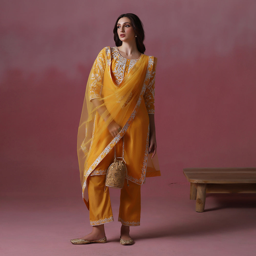 Bright Orange Thread Embroidered Kurta Set