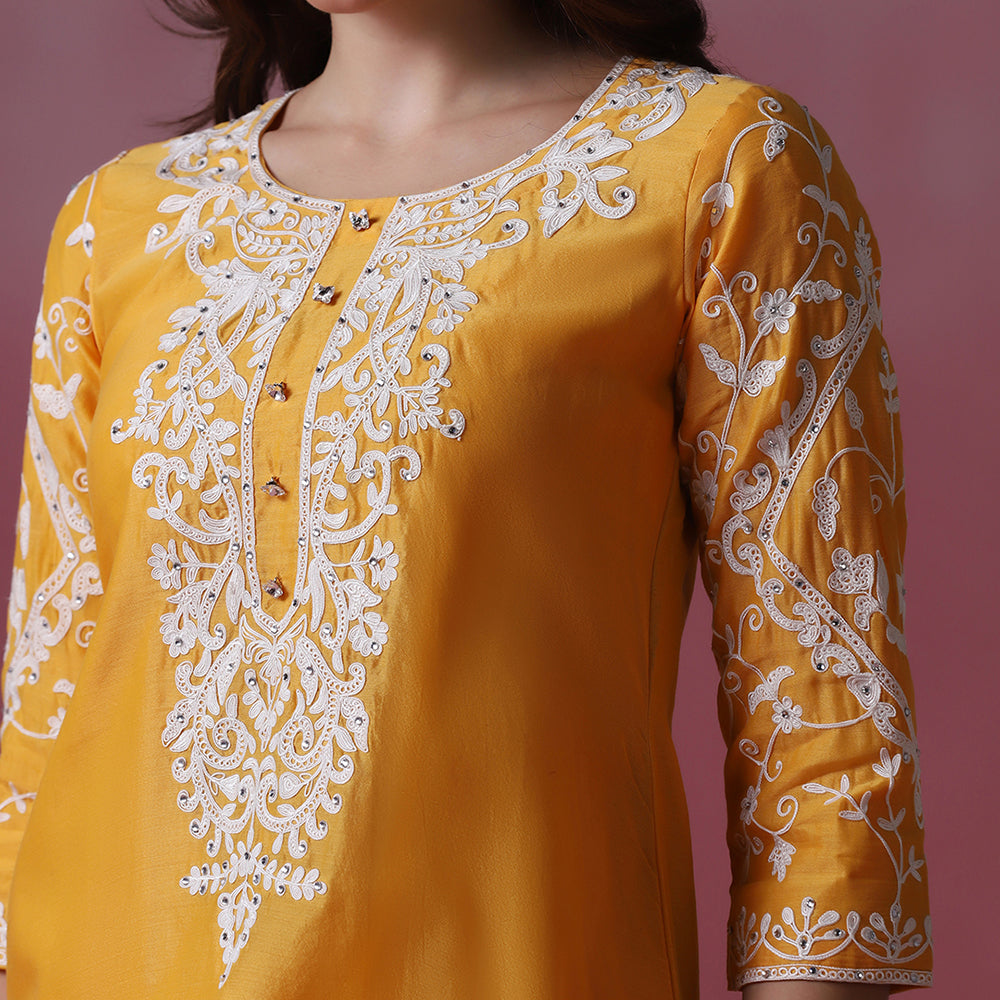Bright Orange Thread Embroidered Kurta Set
