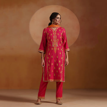 Chanderi Aari Mirror Embroidered Kurta Set