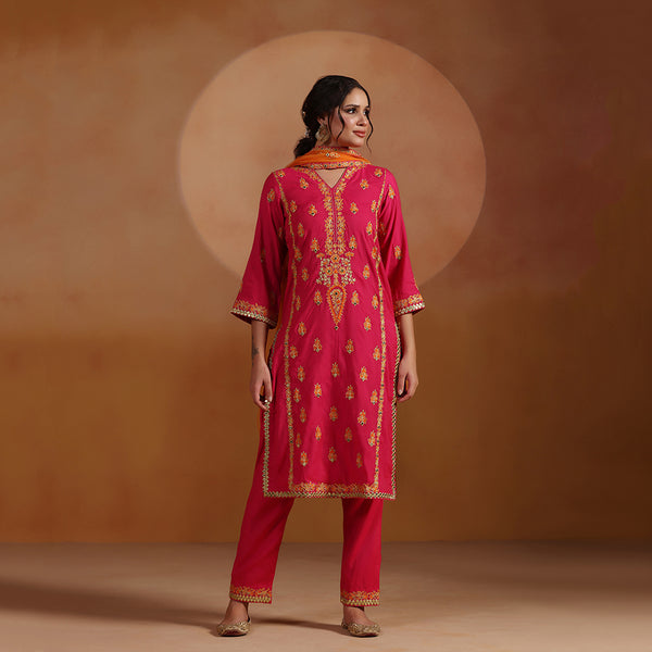 Chanderi Aari Mirror Embroidered Kurta Set