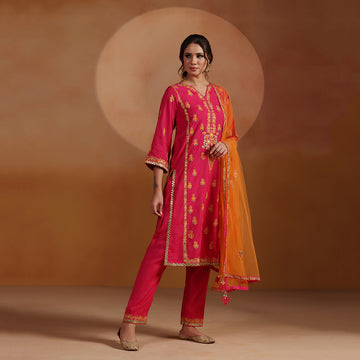 Chanderi Aari Mirror Embroidered Kurta Set