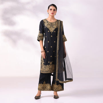Black Chanderi Gold Dori Embroidered Kurta Set
