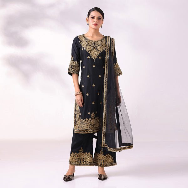 Black Chanderi Gold Dori Embroidered Kurta Set