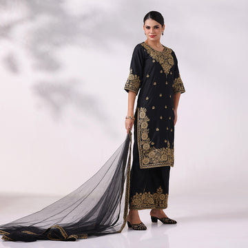 Black Chanderi Gold Dori Embroidered Kurta Set