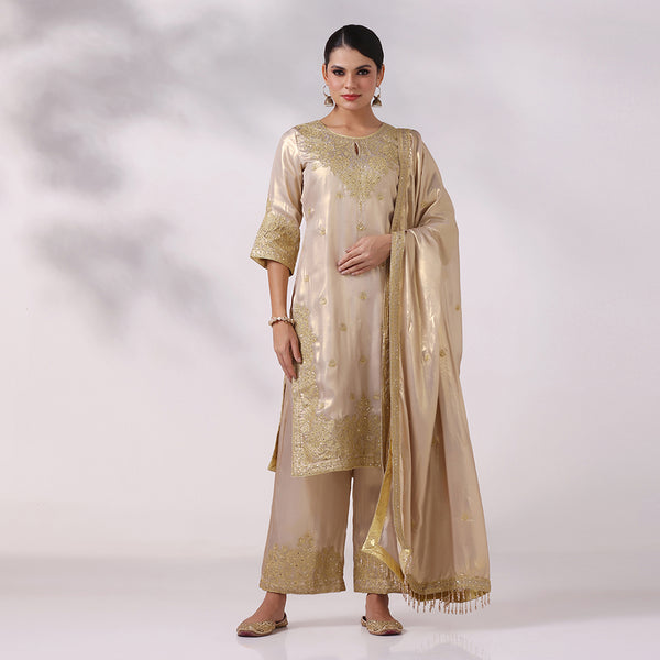 Gold Shimmer Georgette Intricate Embroidered Straight Kurta Set
