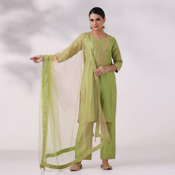 Pistachio Green Embroidered Straight Kurta Set